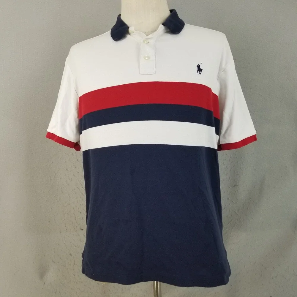 Polo Ralph Lauren Polo Men L White Red Navy Colorblock Stripe Short Sleeve Shirt